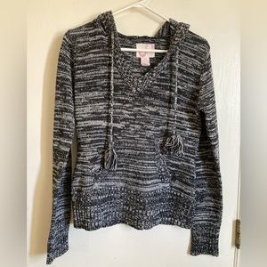 OP Black & White Marbled V-Neck Cropped Knit Hooded Sweater